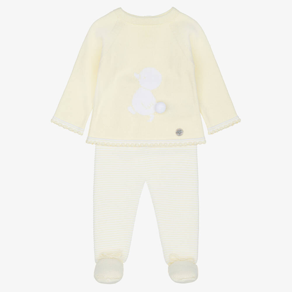 Artesanía Granlei-Pale Yellow Knitted 2 Piece Babygrow with Duck Motif | Childrensalon