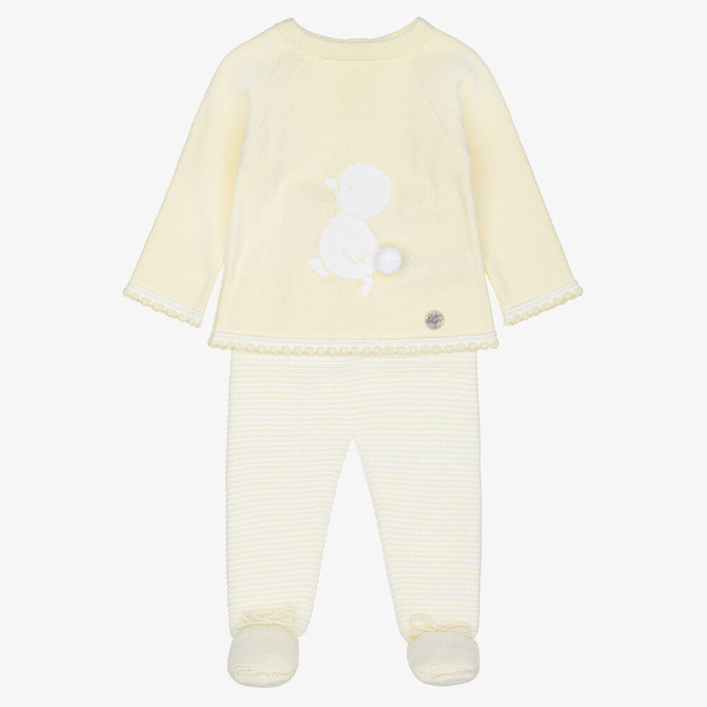 Artesanía Granlei-Pale Yellow Knitted 2 Piece Babygrow with Duck Motif | Childrensalon