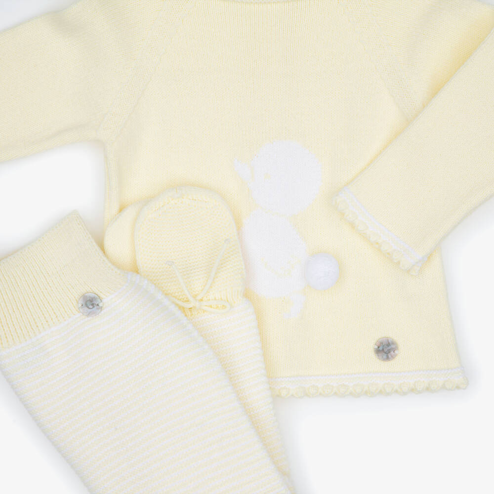 Artesanía Granlei-Pale Yellow Knitted 2 Piece Babygrow with Duck Motif | Childrensalon
