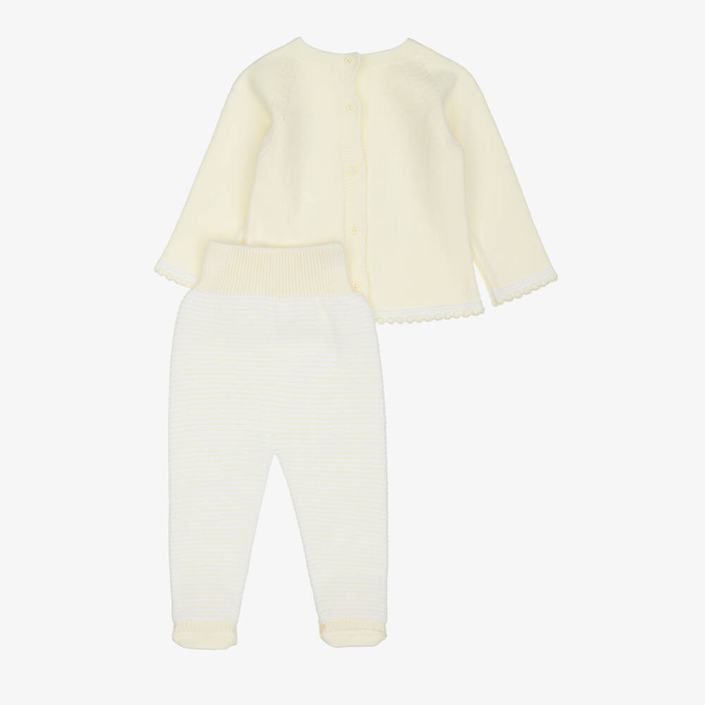 Artesanía Granlei-Pale Yellow Knitted 2 Piece Babygrow with Duck Motif | Childrensalon