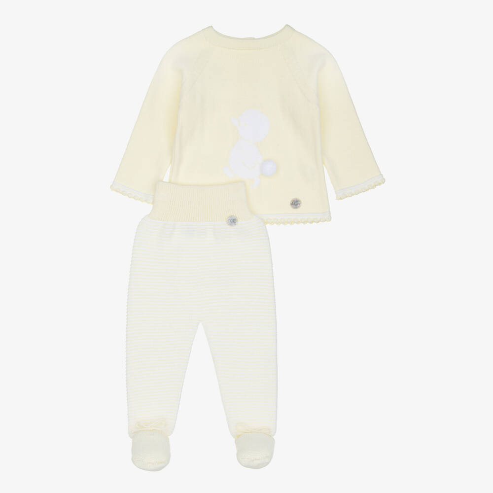 Artesanía Granlei-Pale Yellow Knitted 2 Piece Babygrow with Duck Motif | Childrensalon