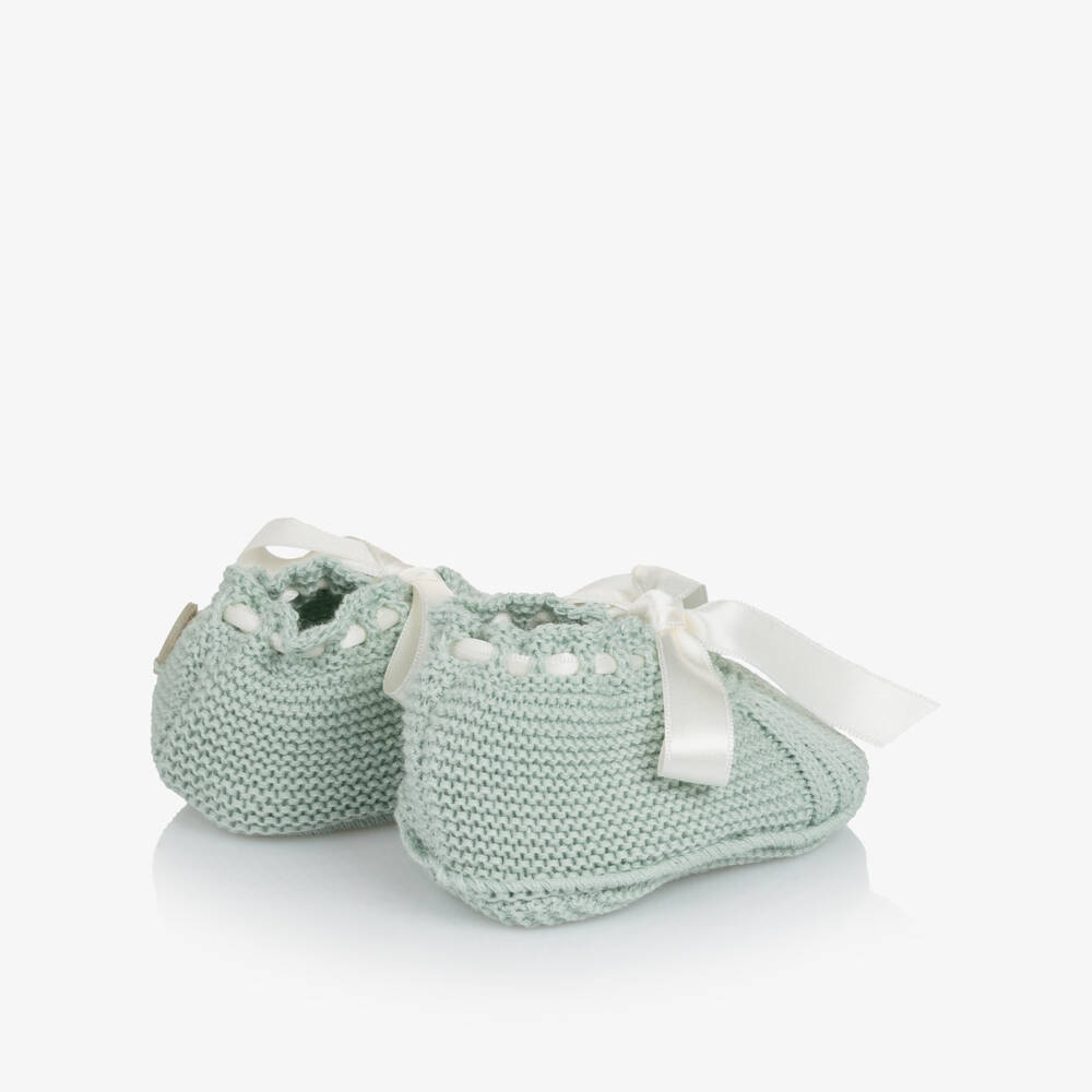 Artesanía Granlei-Pastel Green Knitted Booties with Satin Ties | Childrensalon