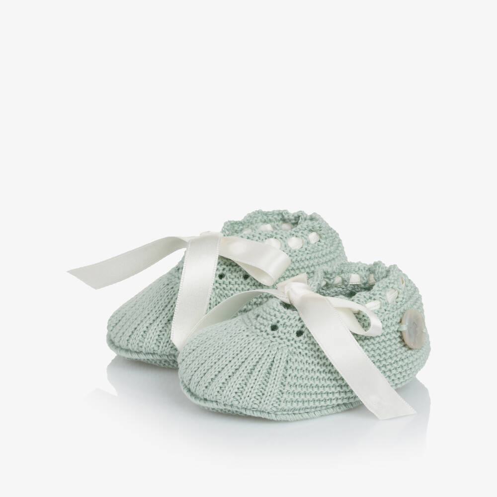 Artesanía Granlei-Pastel Green Knitted Booties with Satin Ties | Childrensalon