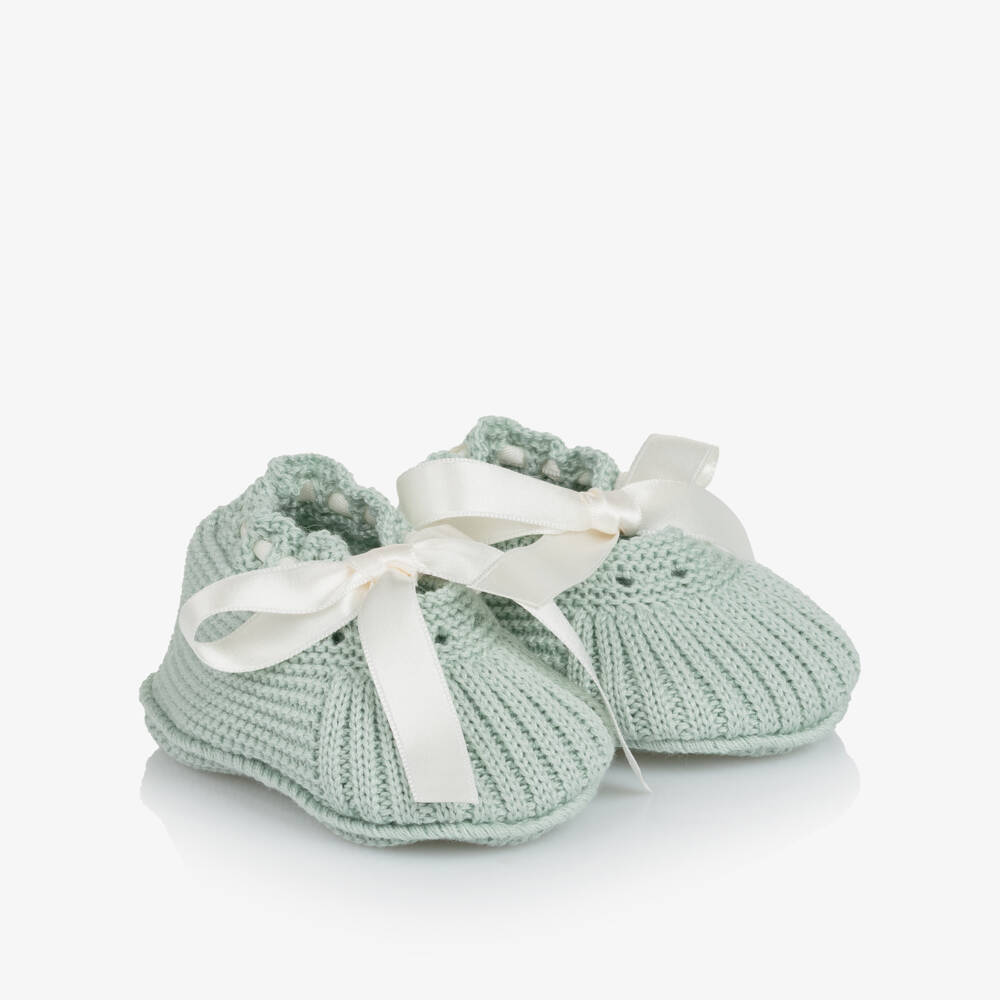 Artesanía Granlei-Pastel Green Knitted Booties with Satin Ties | Childrensalon