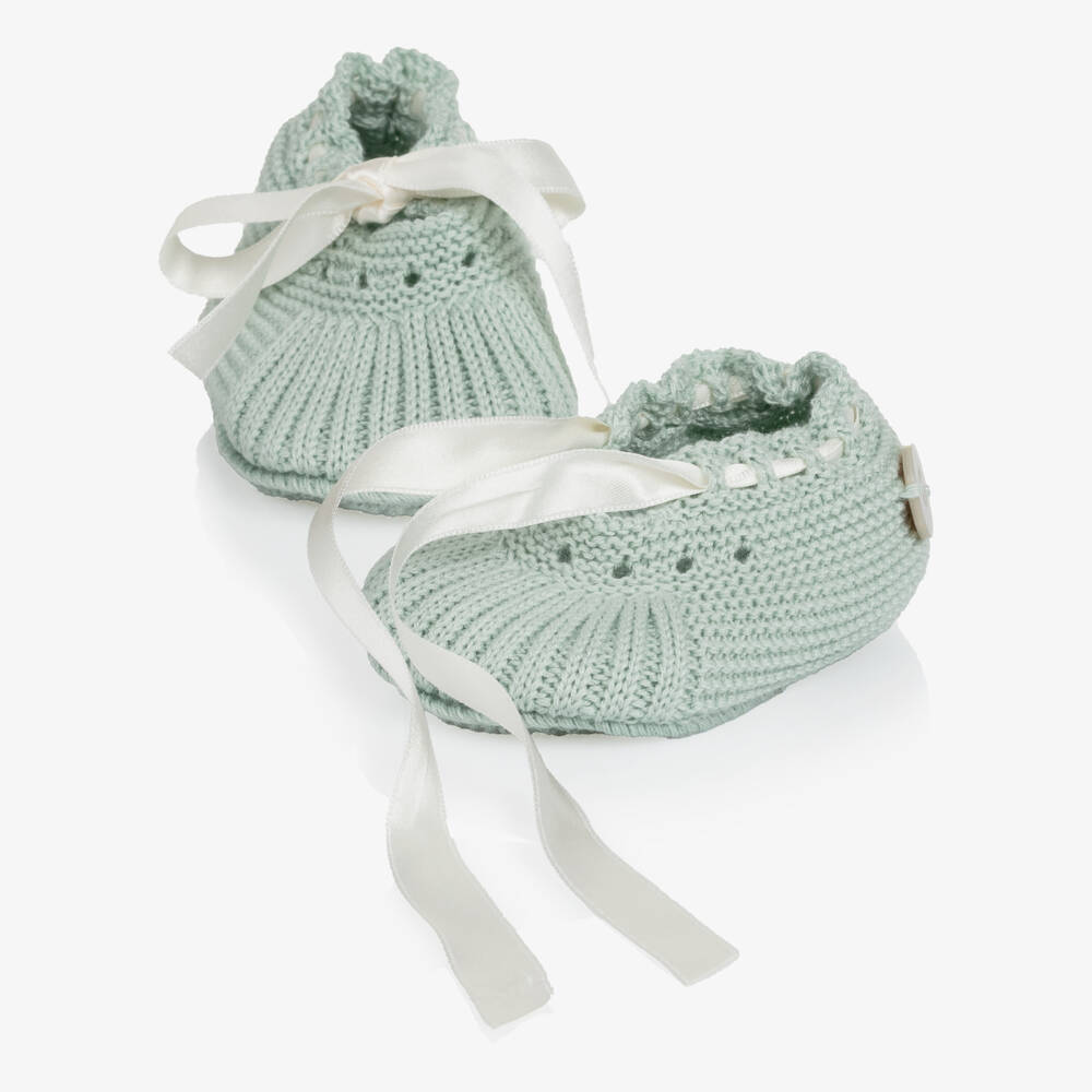 Artesanía Granlei-Pastel Green Knitted Booties with Satin Ties | Childrensalon