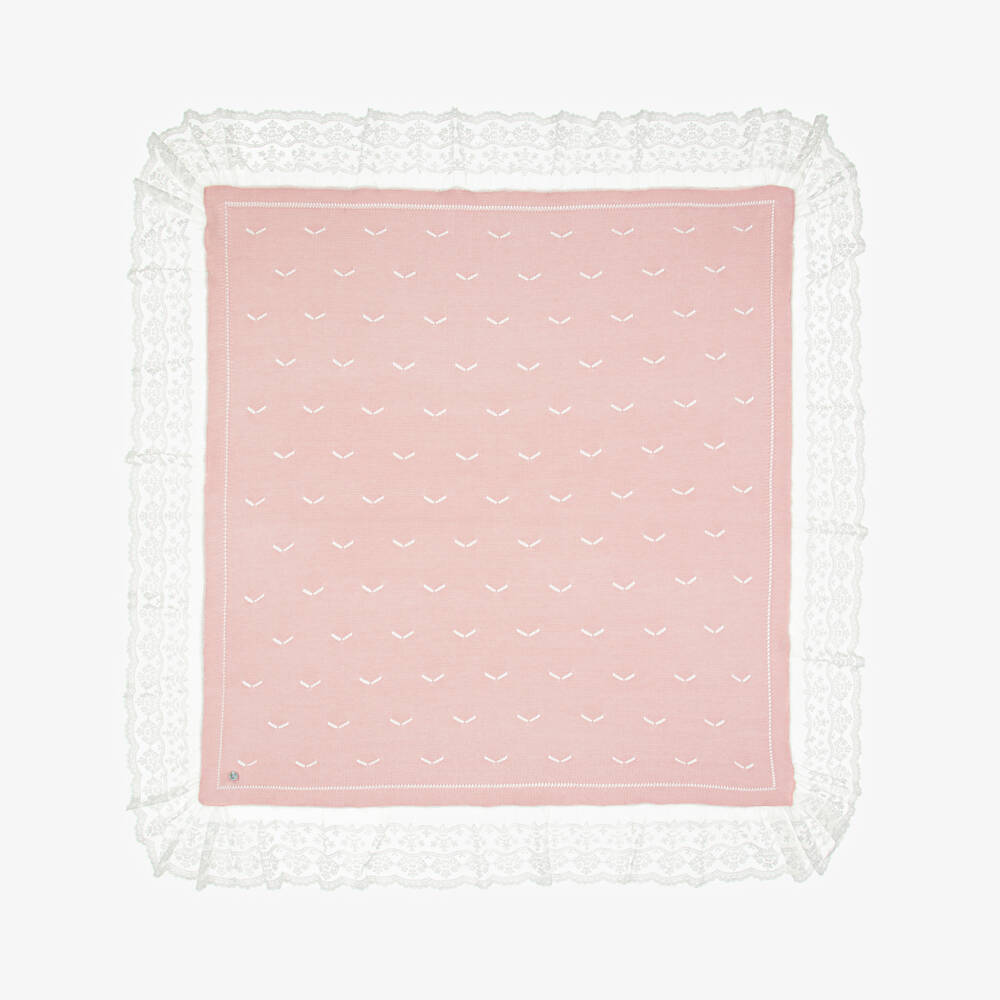 Artesanía Granlei-Pink Cotton Knit Lace Trim Shawl (108cm) | Childrensalon