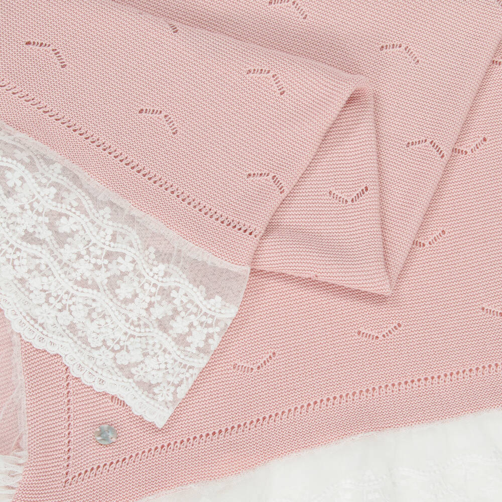 Artesanía Granlei-Pink Cotton Knit Lace Trim Shawl (108cm) | Childrensalon