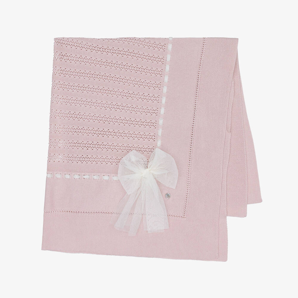 Artesanía Granlei-Pink Knitted Baby Blanket with Tulle Bow (110cm) | Childrensalon