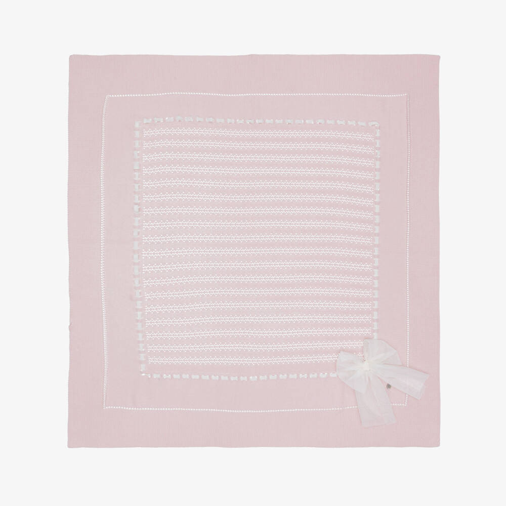 Artesanía Granlei-Pink Knitted Baby Blanket with Tulle Bow (110cm) | Childrensalon