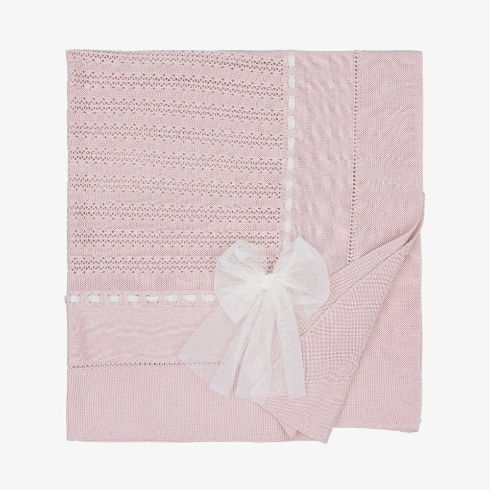 Artesanía Granlei-Pink Knitted Baby Blanket with Tulle Bow (110cm) | Childrensalon