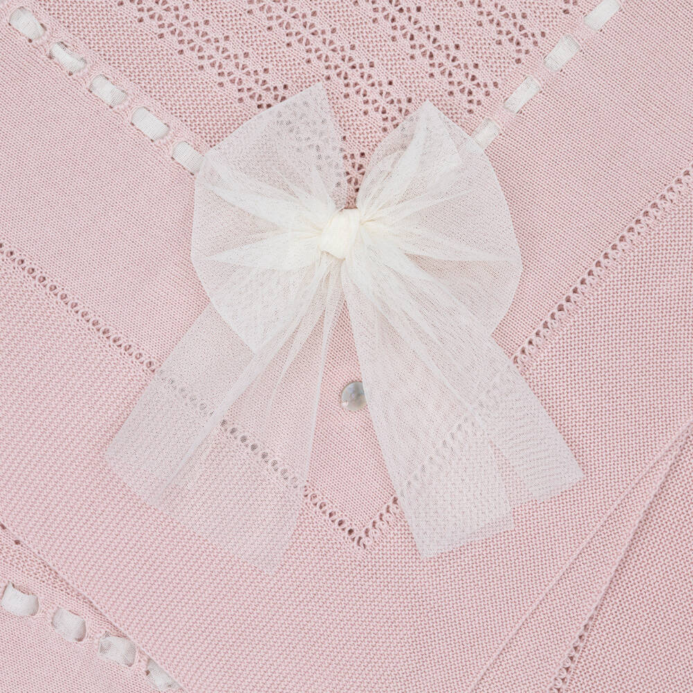 Artesanía Granlei-Pink Knitted Baby Blanket with Tulle Bow (110cm) | Childrensalon