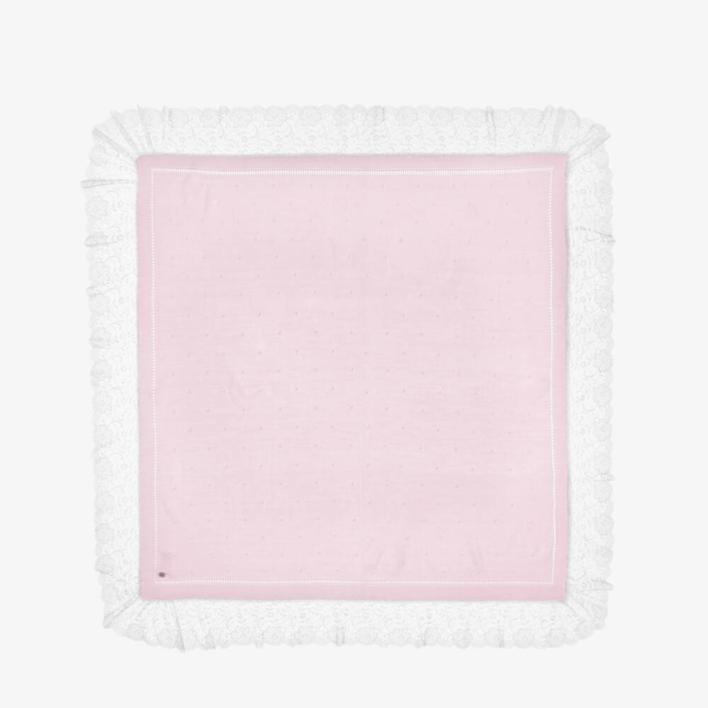 Artesanía Granlei-Pink Knitted Shawl with Lace Trim (95cm) | Childrensalon