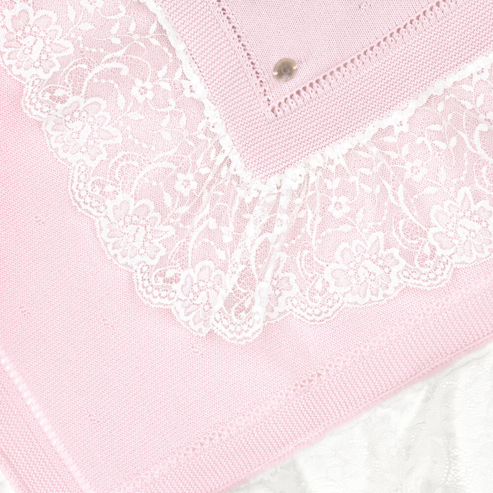 Artesanía Granlei-Pink Knitted Shawl with Lace Trim (95cm) | Childrensalon