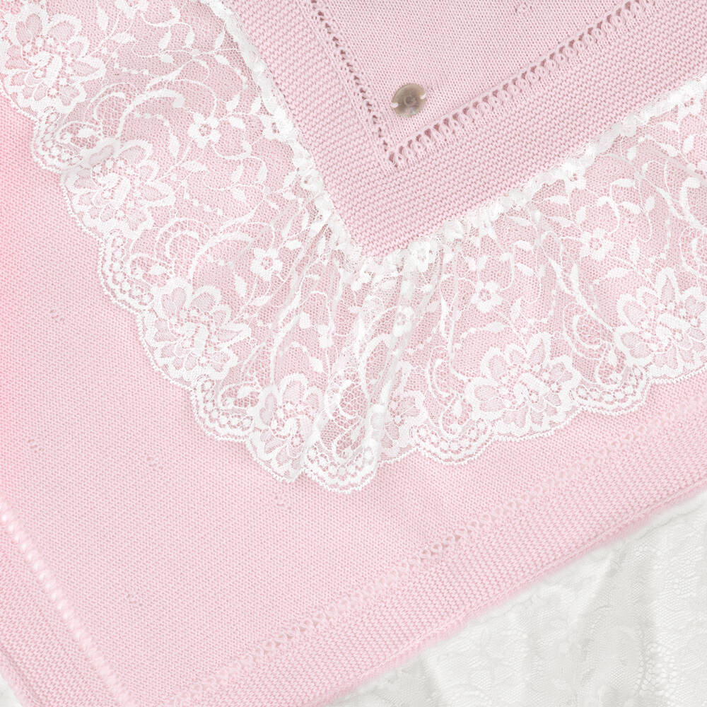 Artesanía Granlei-Pink Knitted Shawl with Lace Trim (95cm) | Childrensalon