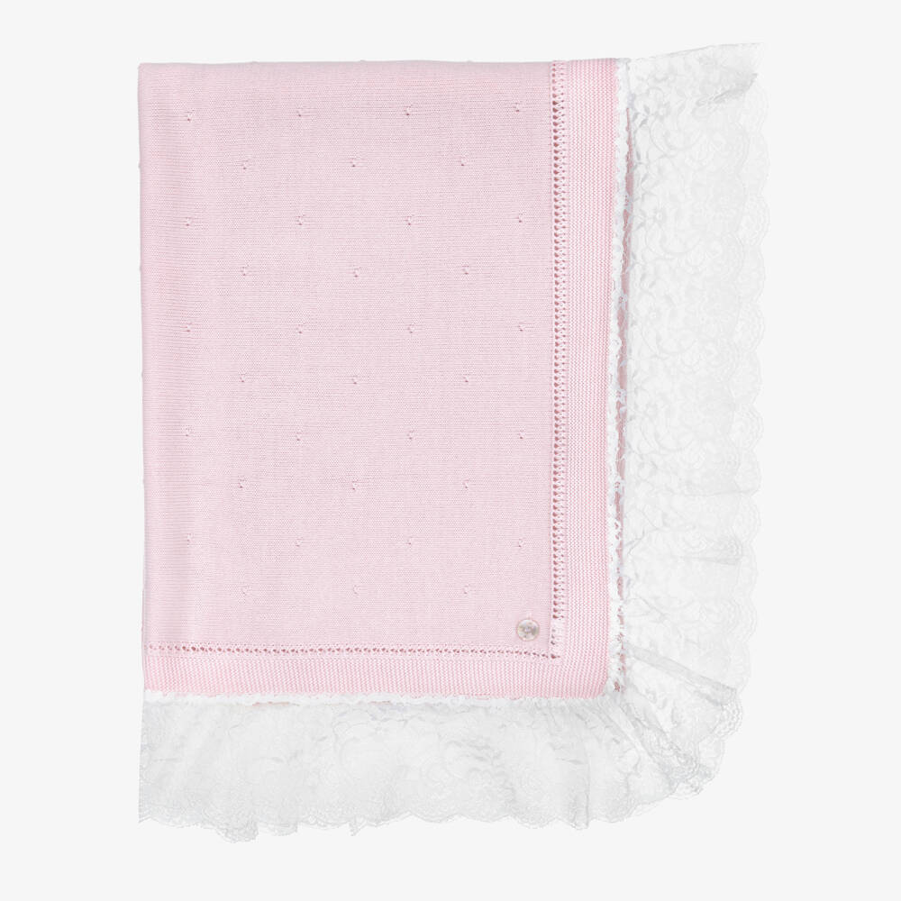 Artesanía Granlei-Pink Knitted Shawl with Lace Trim (95cm) | Childrensalon