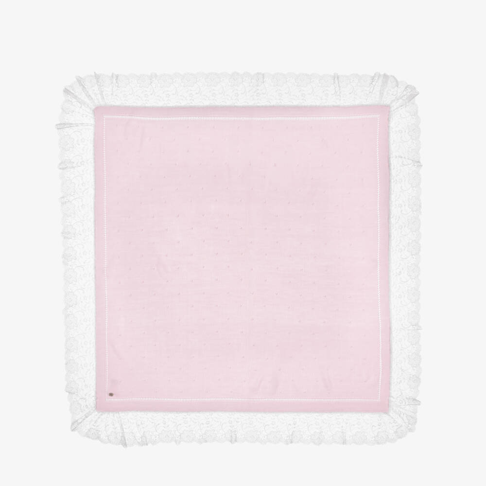 Artesanía Granlei-Pink Knitted Shawl with Lace Trim (95cm) | Childrensalon