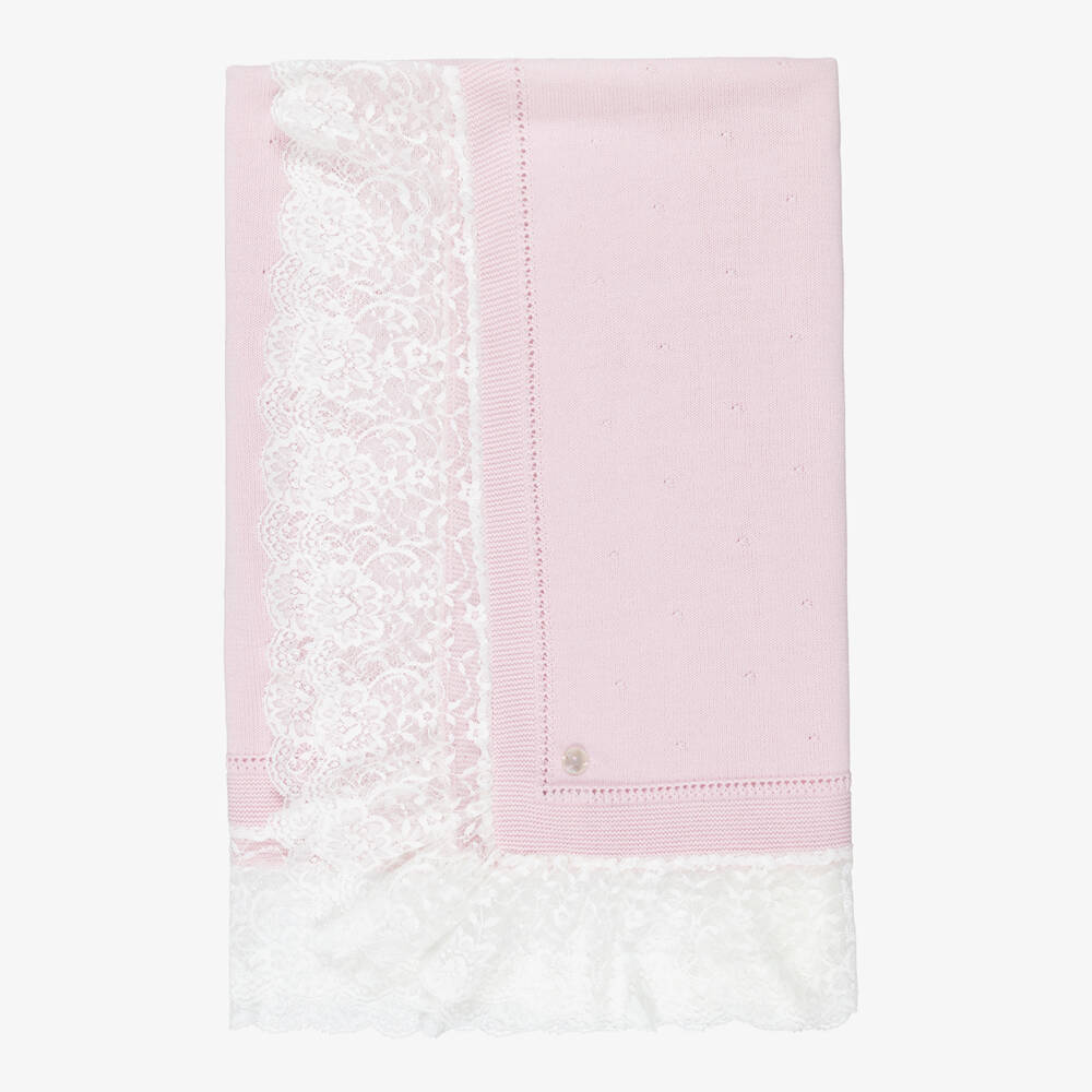 Artesanía Granlei-Pink Knitted Shawl with Lace Trim (95cm) | Childrensalon