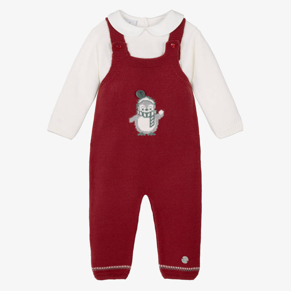 Artesanía Granlei-Red Knitted Penguin Dungaree Set | Childrensalon