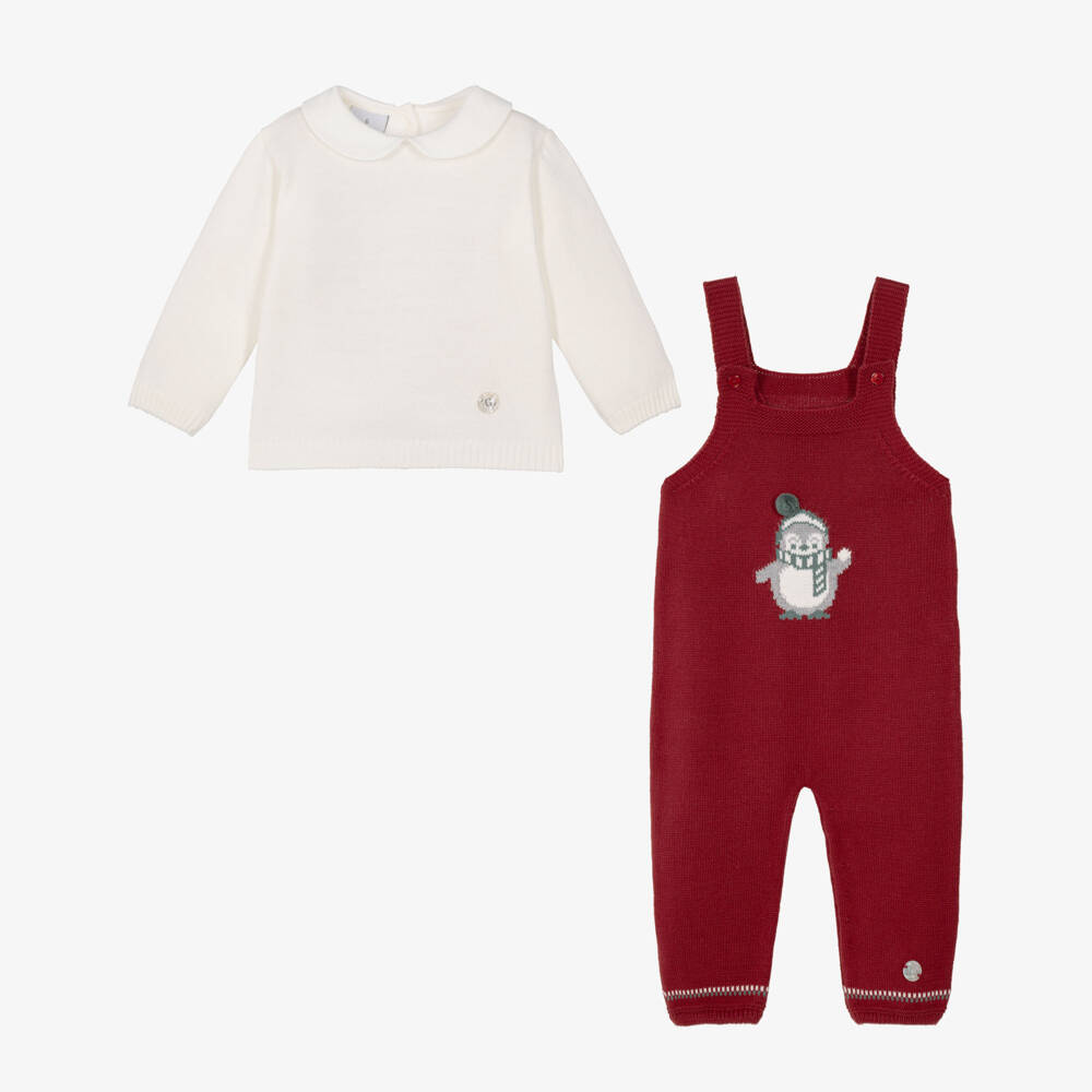 Artesanía Granlei-Red Knitted Penguin Dungaree Set | Childrensalon
