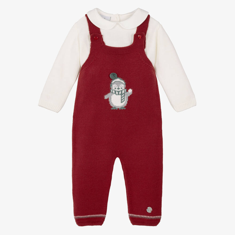 Artesanía Granlei-Red Knitted Penguin Dungaree Set | Childrensalon
