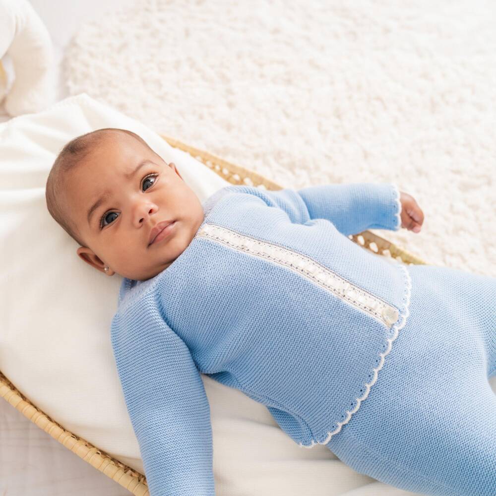 Artesanía Granlei-Sky Blue Knitted 2 Piece Babygrow with Lace Trim | Childrensalon