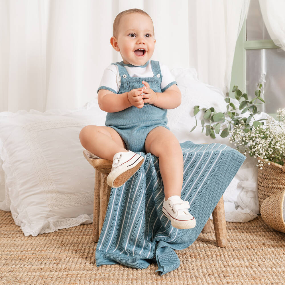 Artesanía Granlei-Teal Blue & White Striped Blanket (87cm) | Childrensalon