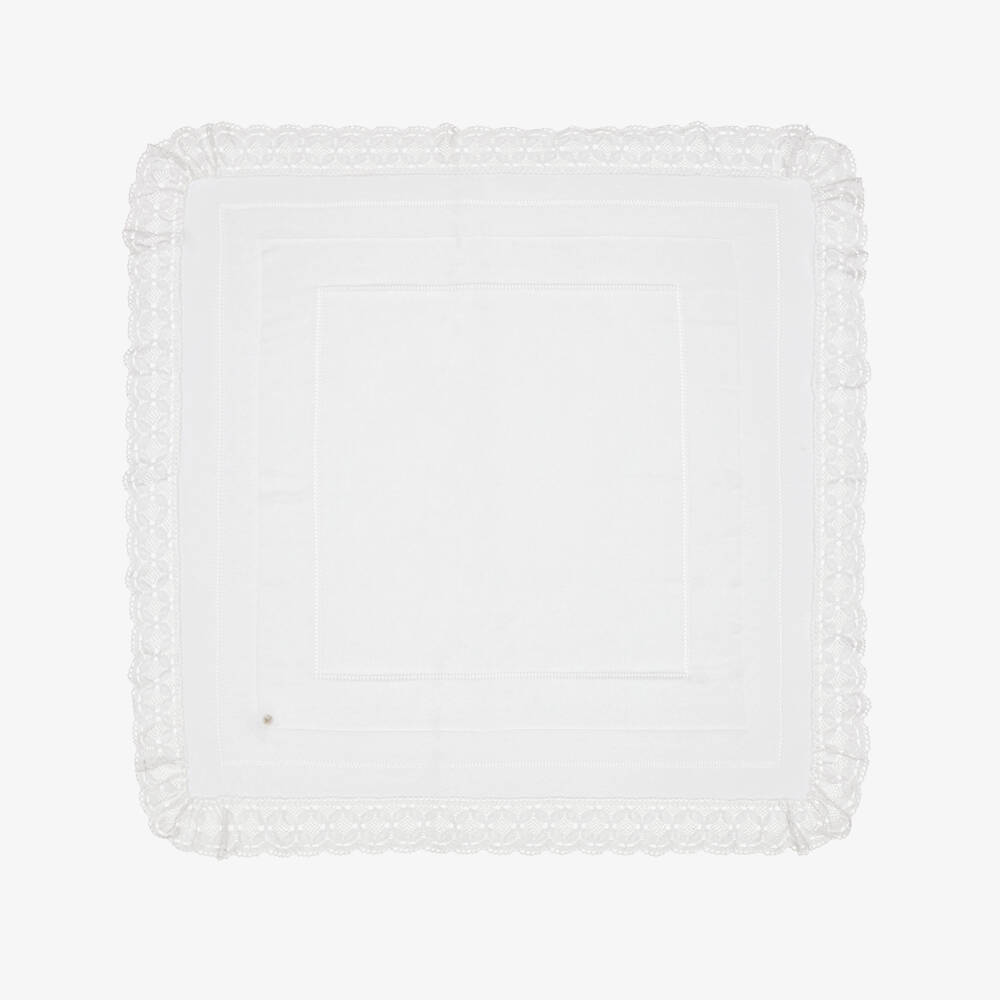 Artesanía Granlei-White Knitted Shawl with Lace Trim | Childrensalon