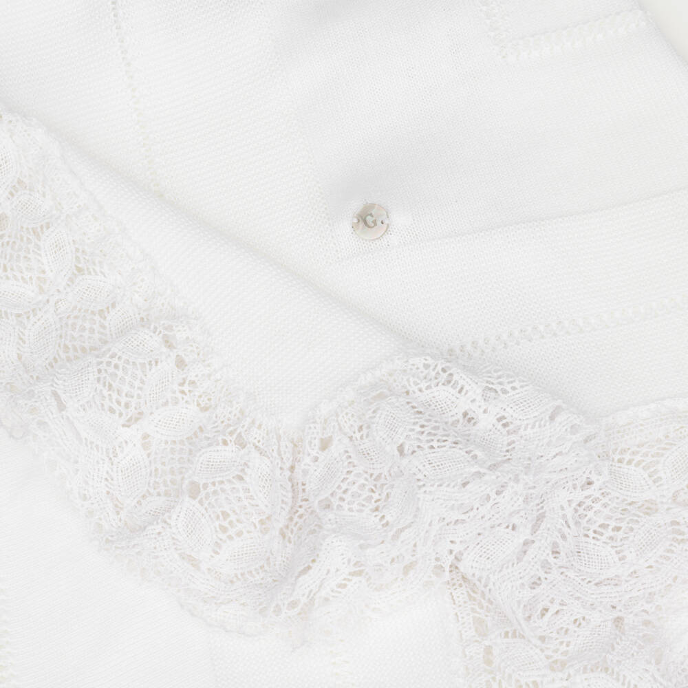 Artesanía Granlei-White Knitted Shawl with Lace Trim | Childrensalon