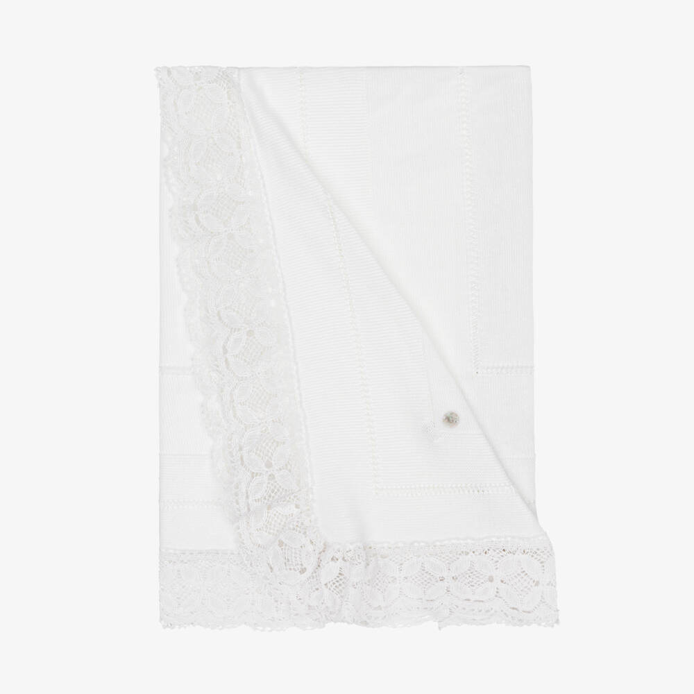 Artesanía Granlei-White Knitted Shawl with Lace Trim | Childrensalon