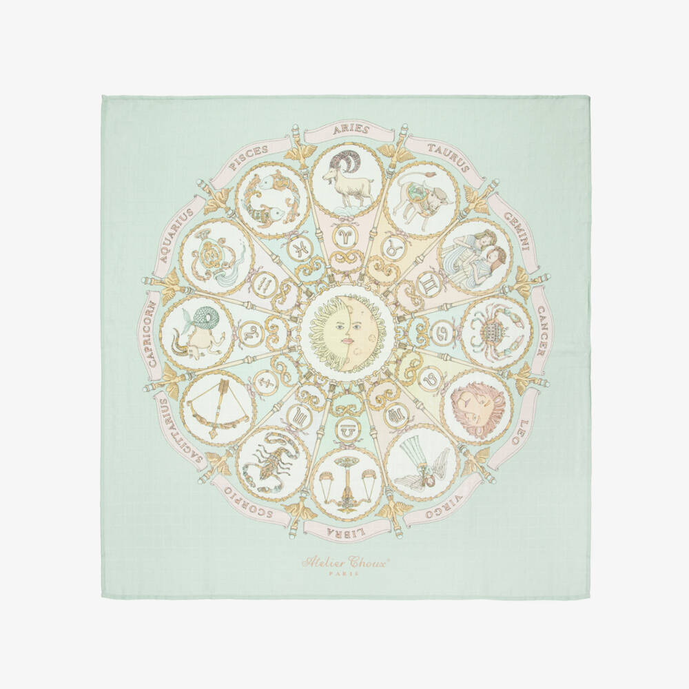 Atelier Choux Paris-طقم قماط ومريلة قطن بطبعة الأبراج الفلكية لون أزرق أكوا | Childrensalon