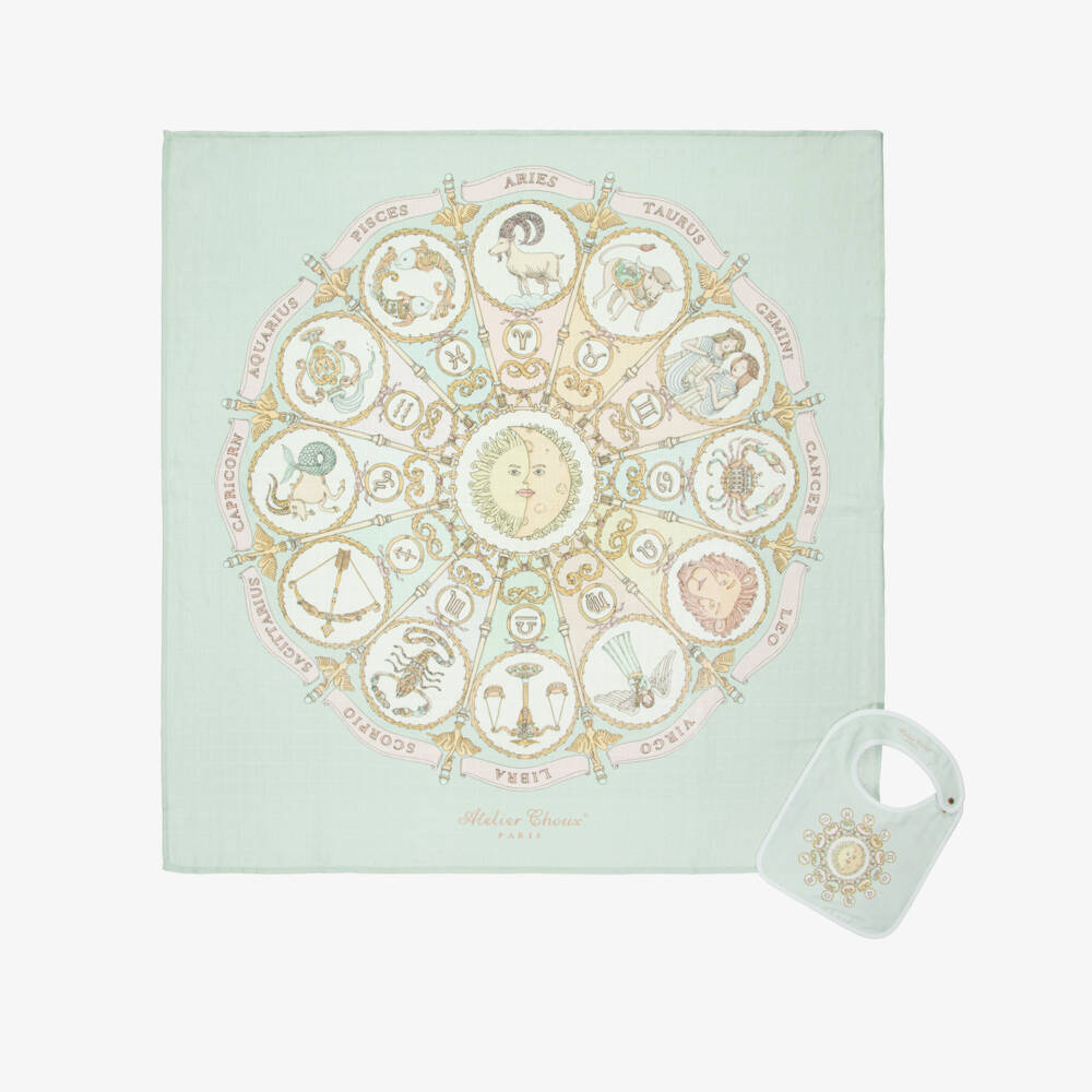Atelier Choux Paris-Aqua Blue Organic Cotton Zodiac Swaddle & Bib Set | Childrensalon