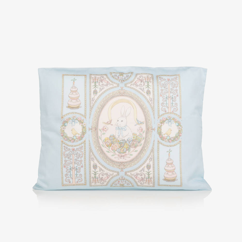 Atelier Choux Paris-Blue Cotton Cushion with Spring Bunny Print (42cm) | Childrensalon