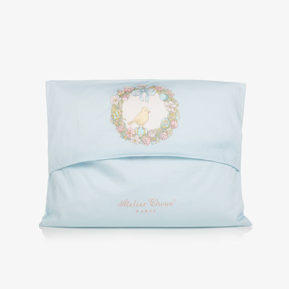 Atelier Choux Paris-Blue Cotton Cushion with Spring Bunny Print (42cm) | Childrensalon