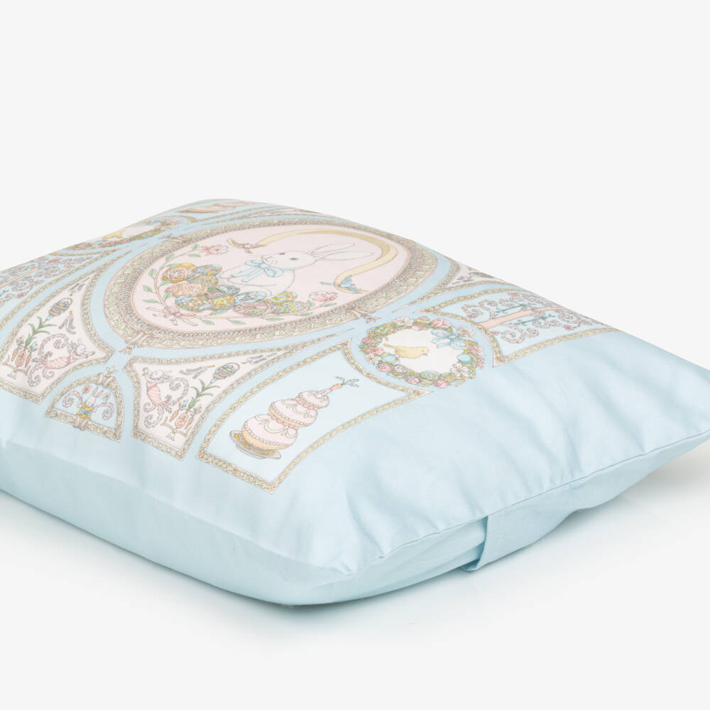 Atelier Choux Paris-Blue Cotton Cushion with Spring Bunny Print (42cm) | Childrensalon