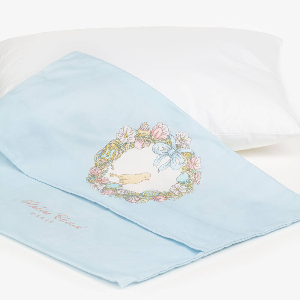 Atelier Choux Paris-Blue Cotton Cushion with Spring Bunny Print (42cm) | Childrensalon