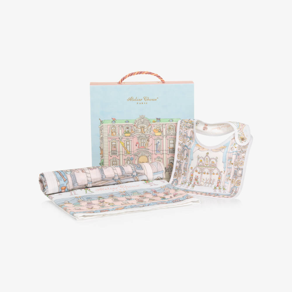 Atelier Choux Paris-طقم لفافة ومريلة قطن عضوي لون زهري وأزرق فاتح | Childrensalon