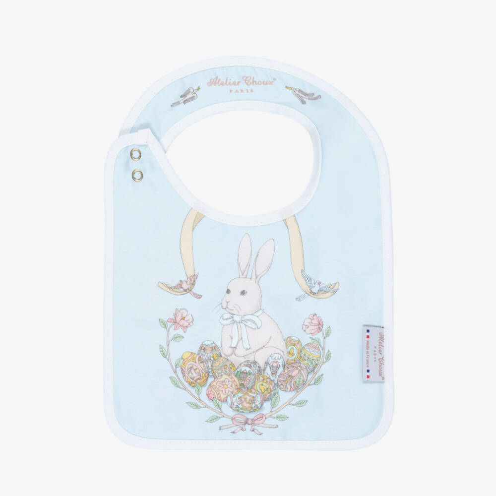 Atelier Choux Paris-Blue Organic Cotton Spring Bunny Print Bib | Childrensalon
