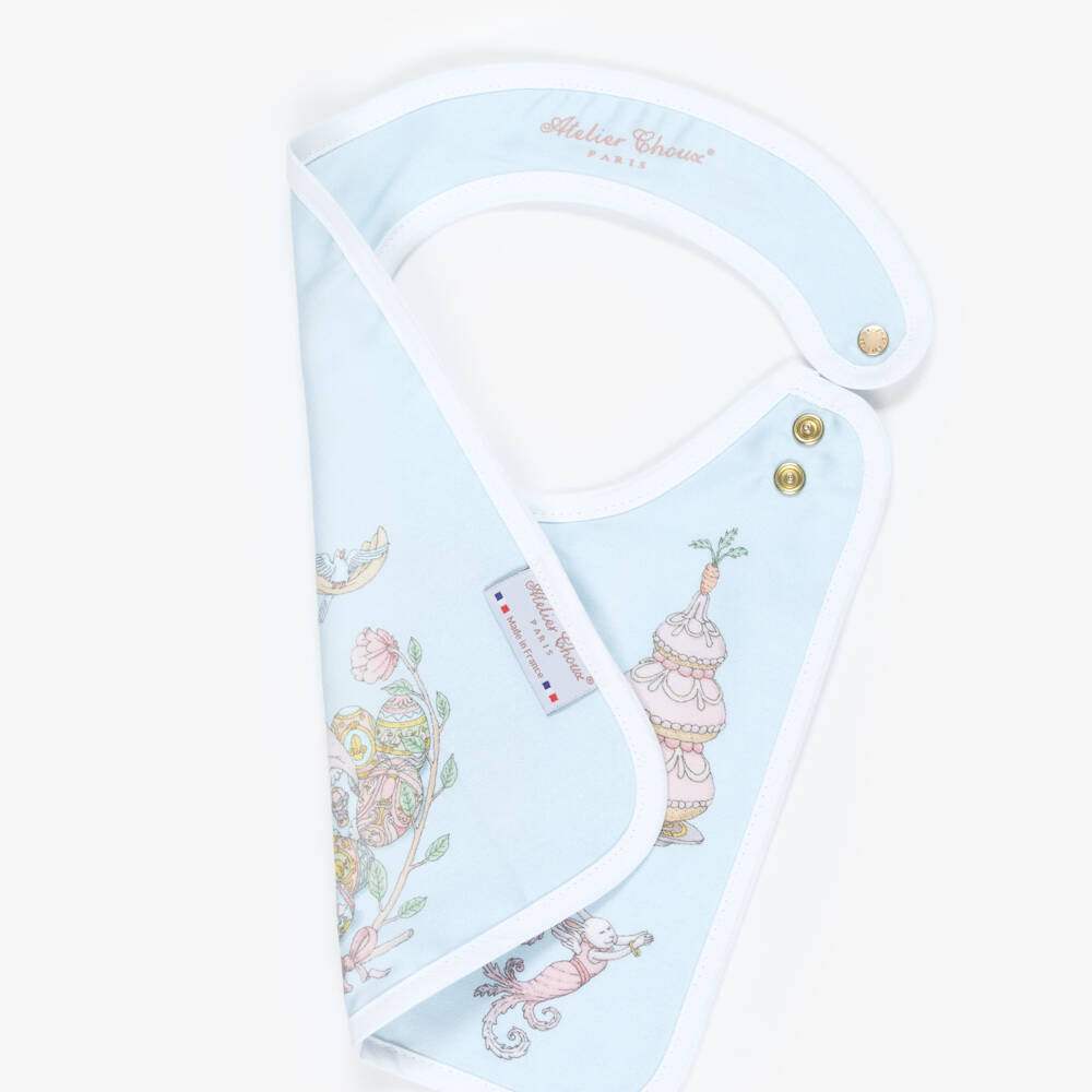 Atelier Choux Paris-Blue Organic Cotton Spring Bunny Print Bib | Childrensalon