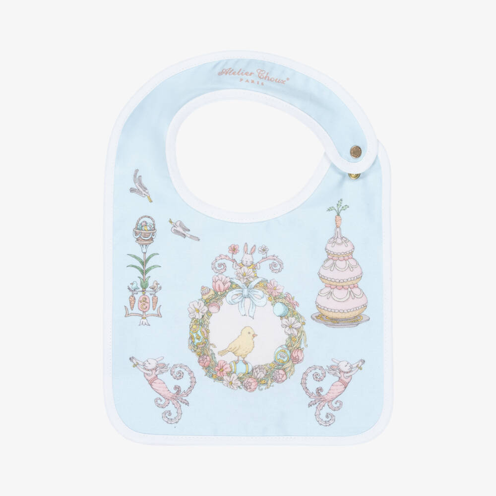 Atelier Choux Paris-Blue Organic Cotton Spring Bunny Print Bib  | Childrensalon