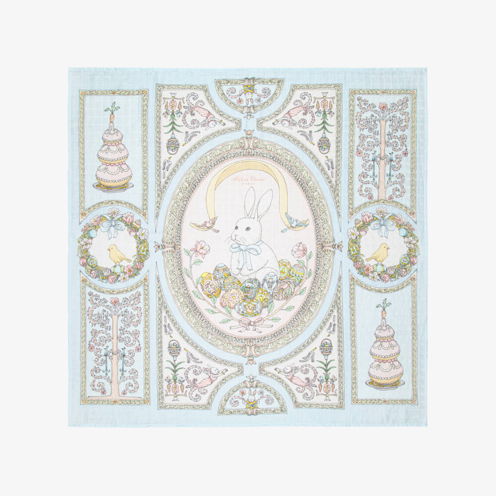 Atelier Choux Paris-Blue Organic Cotton Spring Bunny Swaddle (100cm) | Childrensalon
