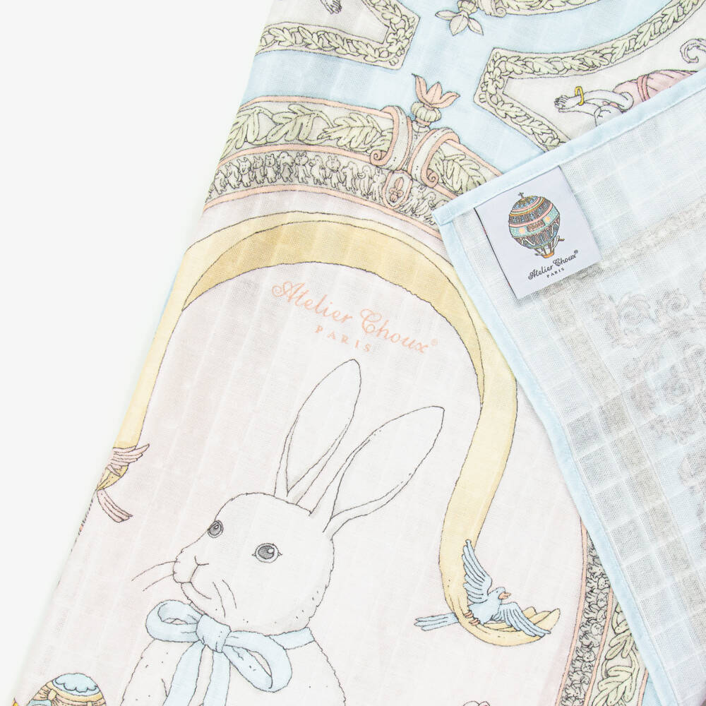 Atelier Choux Paris-Blue Organic Cotton Spring Bunny Swaddle (100cm) | Childrensalon