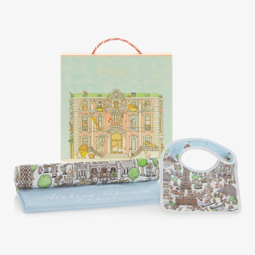 Atelier Choux Paris-Blue Organic Cotton Swaddle & Bib Set | Childrensalon