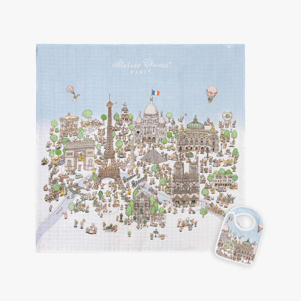 Atelier Choux Paris-Blue Organic Cotton Swaddle & Bib Set | Childrensalon