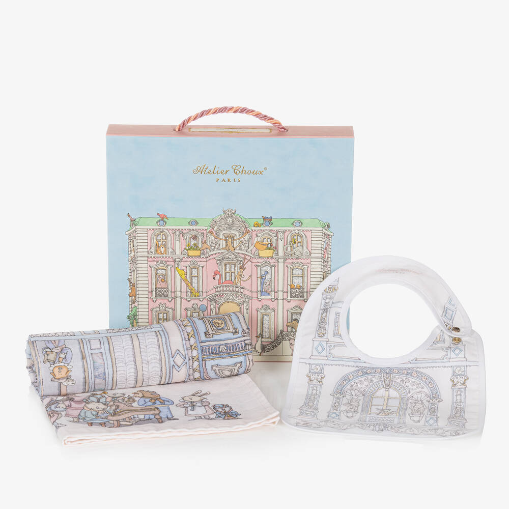 Atelier Choux Paris-Blue Organic Cotton Swaddle & Bib Set | Childrensalon