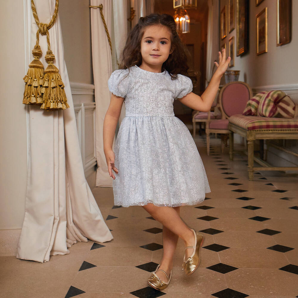 Atelier Choux Paris-Girls Blue Toile de Jouy Glitter Dress | Childrensalon