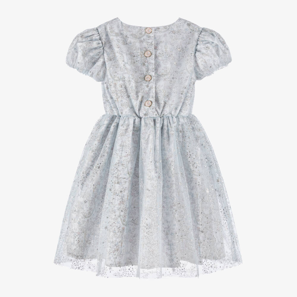 Atelier Choux Paris-Girls Blue Toile de Jouy Glitter Dress | Childrensalon