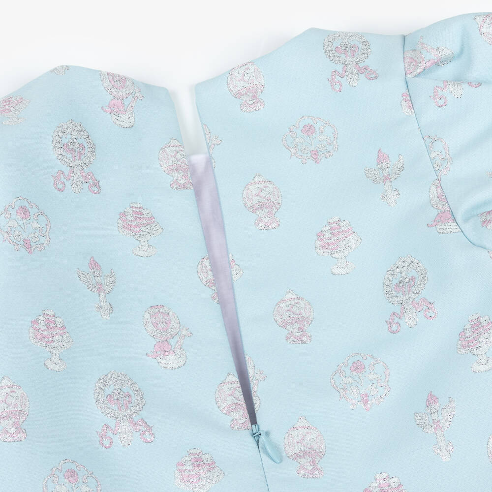 Atelier Choux Paris-Girls Pale Blue Brocade Short Sleeve Dress | Childrensalon