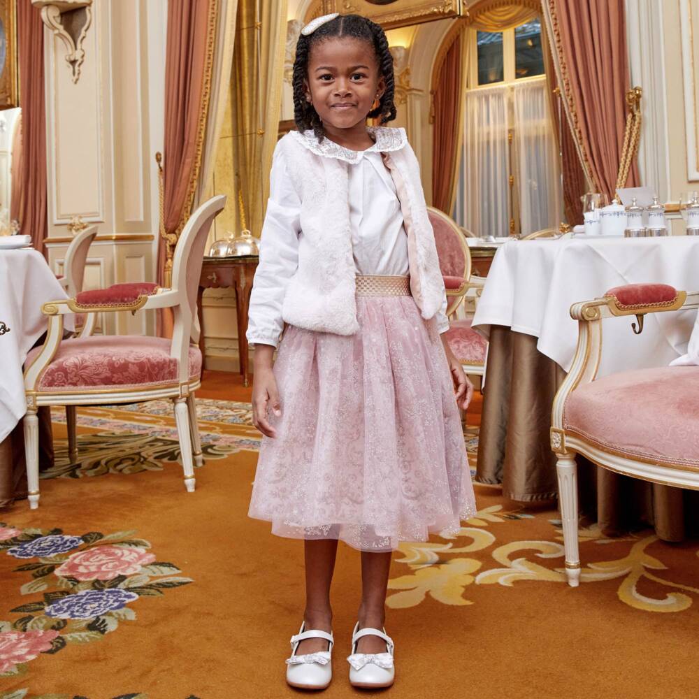 Atelier Choux Paris-Girls Pink Cotton Toile De Jouy & Glitter Tulle Skirt | Childrensalon