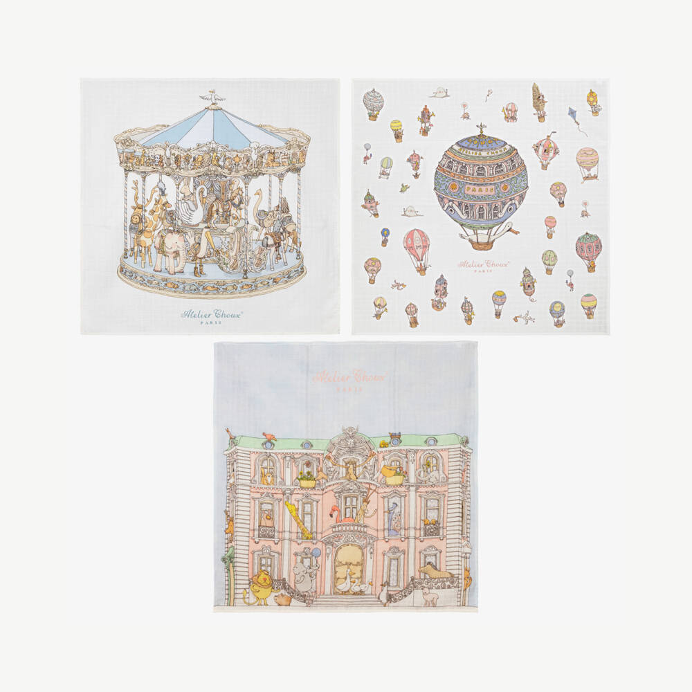 Atelier Choux Paris-Ivory & Blue Organic Cotton Swaddles (3 Pack) | Childrensalon