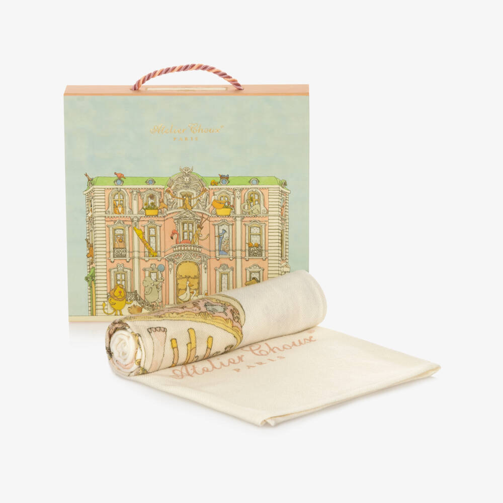 Atelier Choux Paris-بطانية كشمير بطبعة دوامة خيول لون عاجي للبنات الرضع (100 سم) | Childrensalon